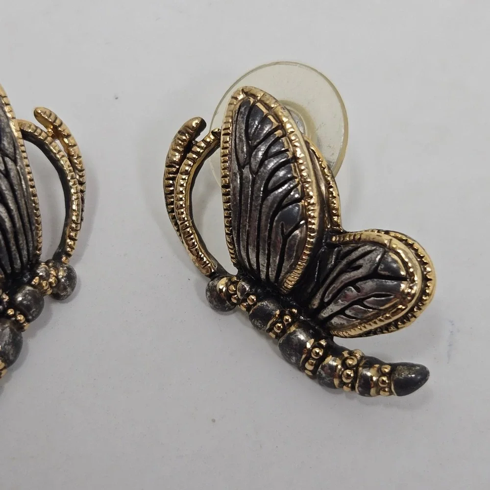 Vintage Two Tone Butterfly Stud Earrings Silver Gold Tone Insect Whimsical MJ XX